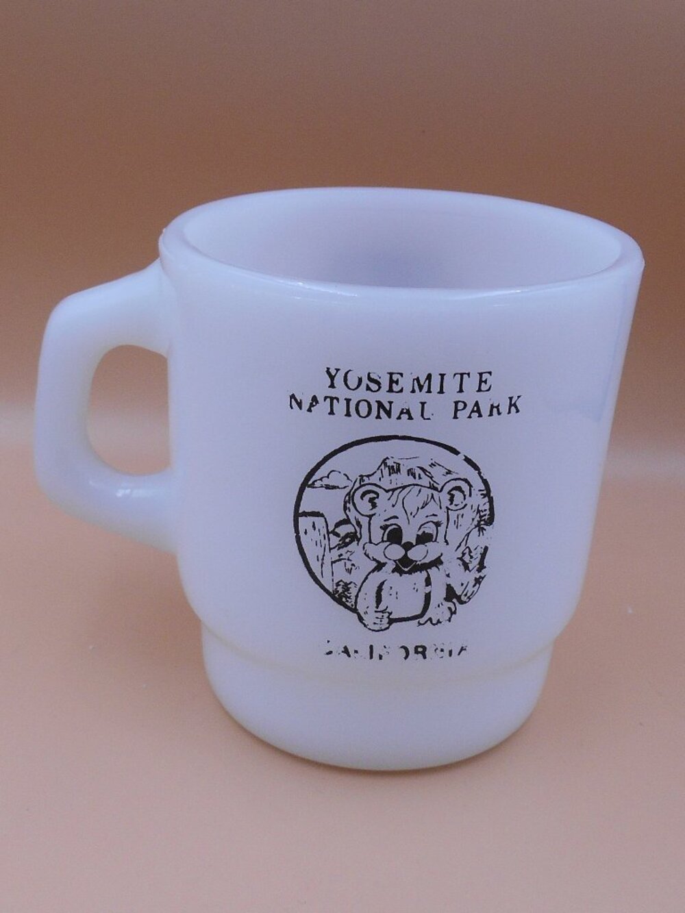 VINTAGE YOSEMITE NATIONAL PARK SOUVENIR MILK GLASS MUG CUP ANCHOR HOCKING
